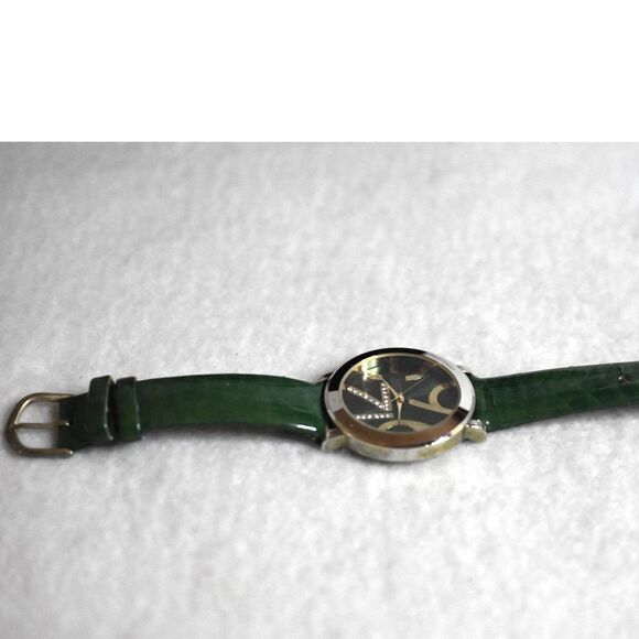Studio Quartz Green On Green Rhinestone Accent Silver/Gold Tone Working Watch - Picture 2 of 4